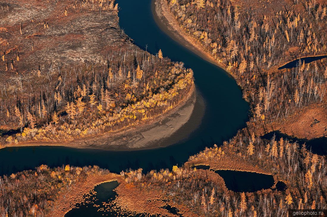 Река на плато Путорана осенью с высоты фото